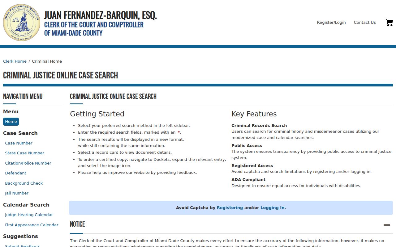 Miami-Dade County criminal court case and booking record search