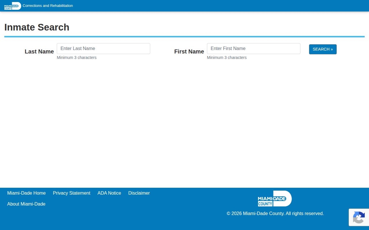 Miami-Dade County MDCR jail roster booking search form