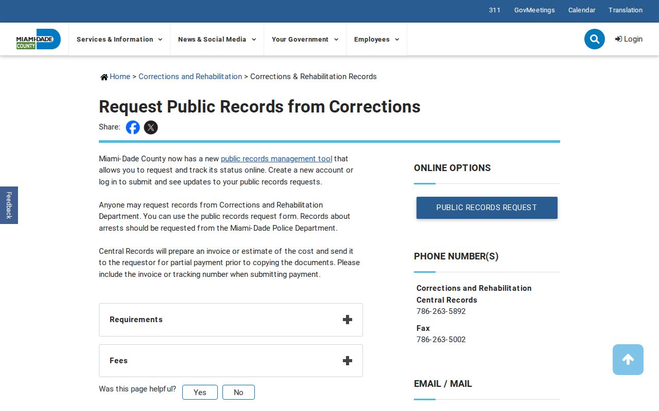 Miami-Dade County MDCR booking record request and fee page