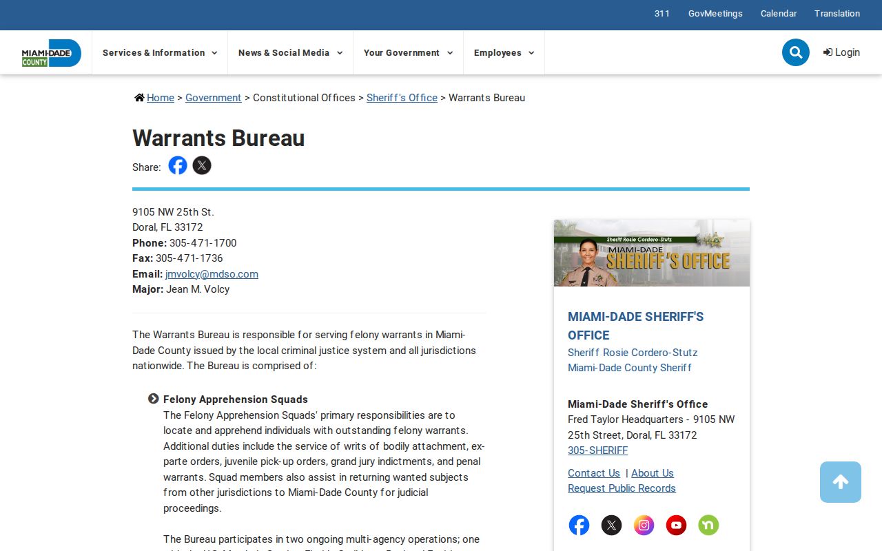Miami-Dade County warrant verification and Warrants Bureau records page