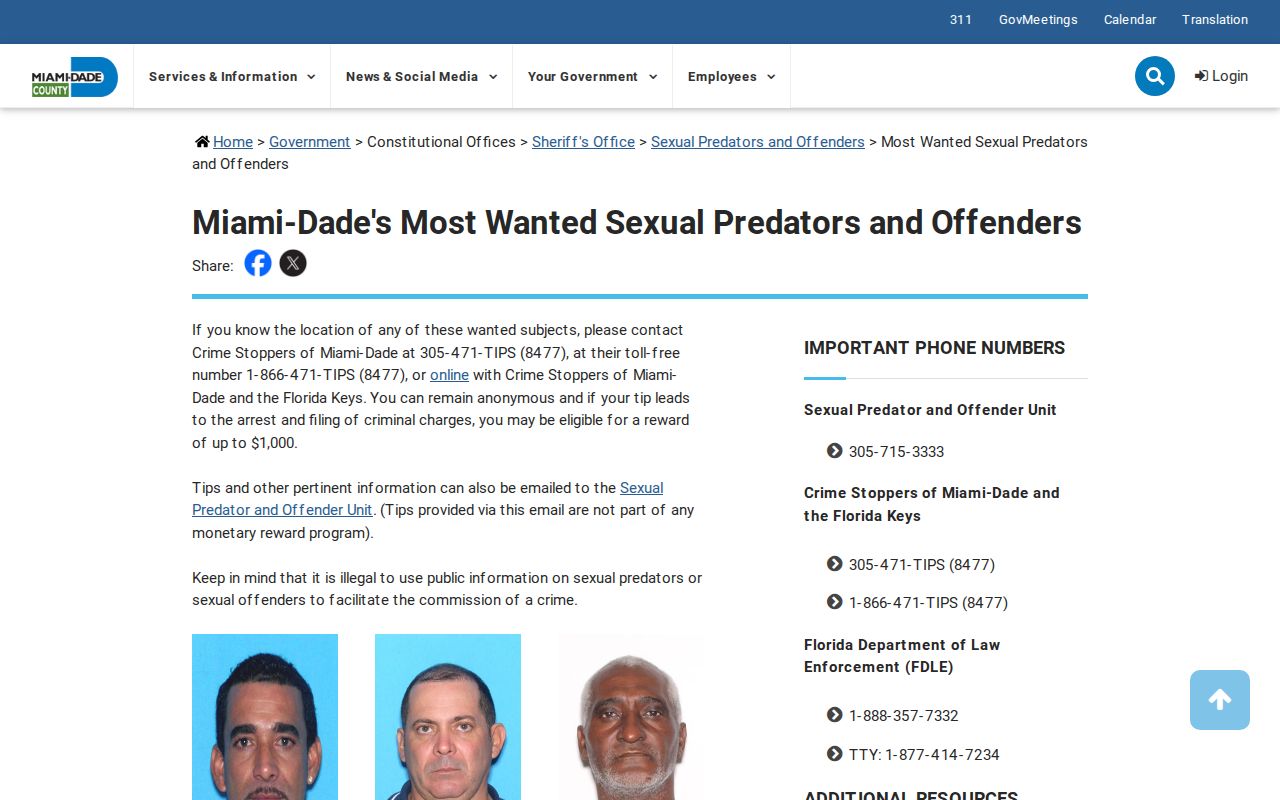 Miami-Dade County Sheriff's specialized most wanted records page